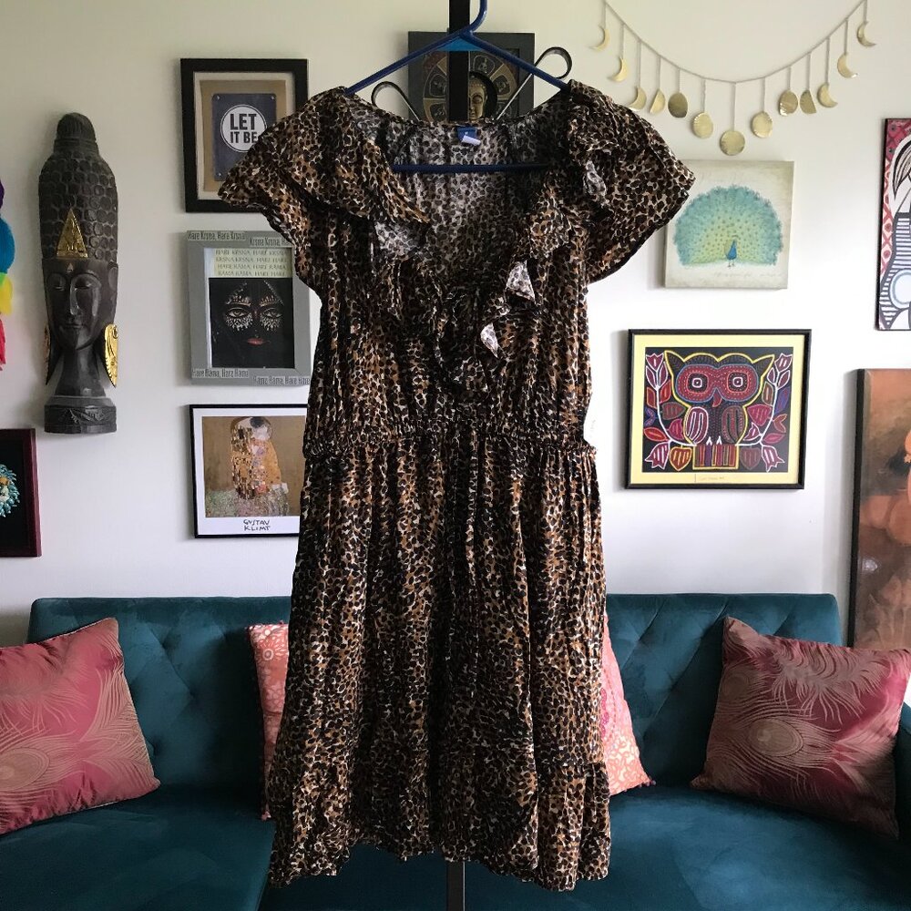 OLD NAVY size M Brown Leopard Print Rebel Ruffle Drawstring Dress NWT Pockets